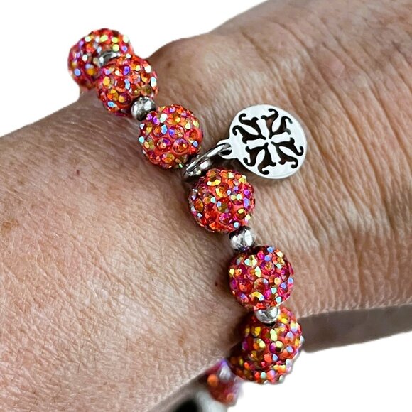 Rustic Cuff Metal Stainless Steel Shambala Beaded Stretch Bracelet Orange - Picture 1 of 3